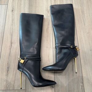 Tom Ford padlock pointed toe knee high boots